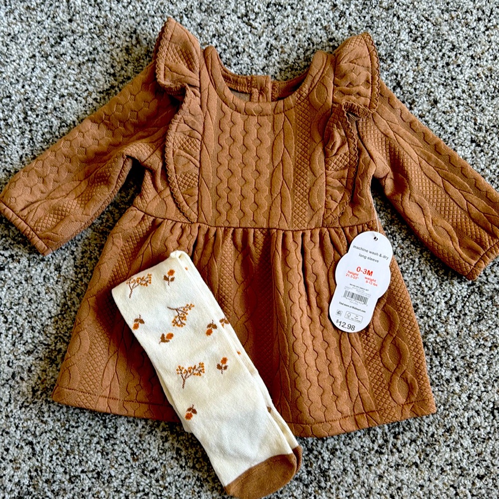 NWT Brown Dress with Tights, 0-3M